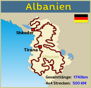 Offroad Touren Karte von Albanien für Offroad strecken und Pisten