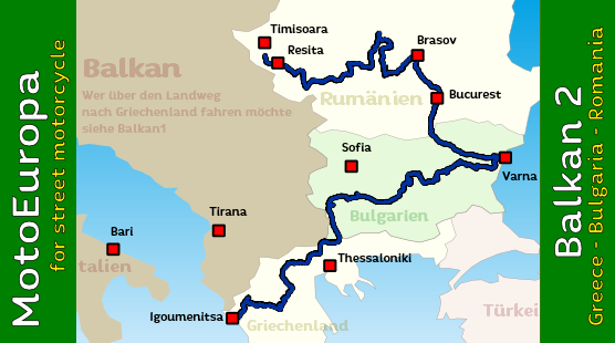 Tour map for a motorcycle tour through the Balkans (Greece - Bulgaria - Romania)