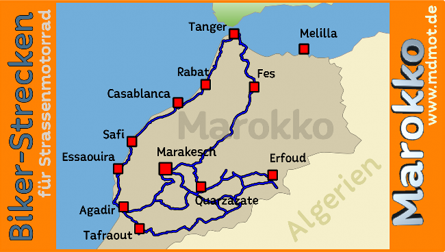 Übersichtskarte über Motorradtouren in Marokko
