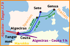 Carte récapitulative de l’arrivée au Maroc à moto, jour 1