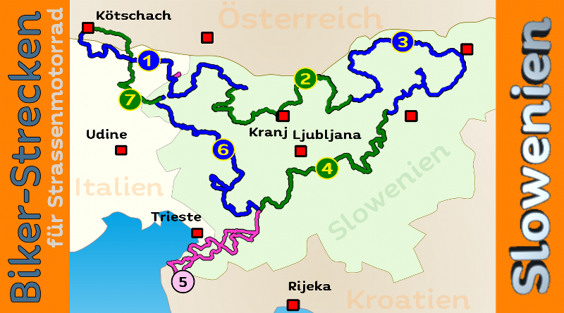 Übersichtskarte über Motorradtouren in Slowenien Übersichtskarte über Motorradtouren in Slowenien
