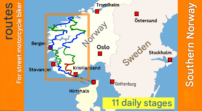 Map of the motorcycle route through Southern Norway showing fjords, coastal roads, and key stops (2021 itinerary)